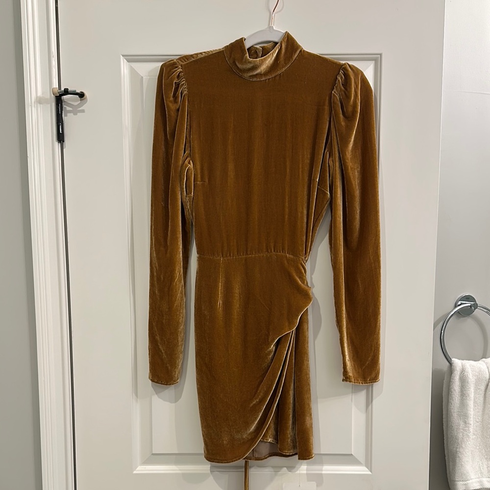 Elegant Velvet Long Sleeve Dress - Brown